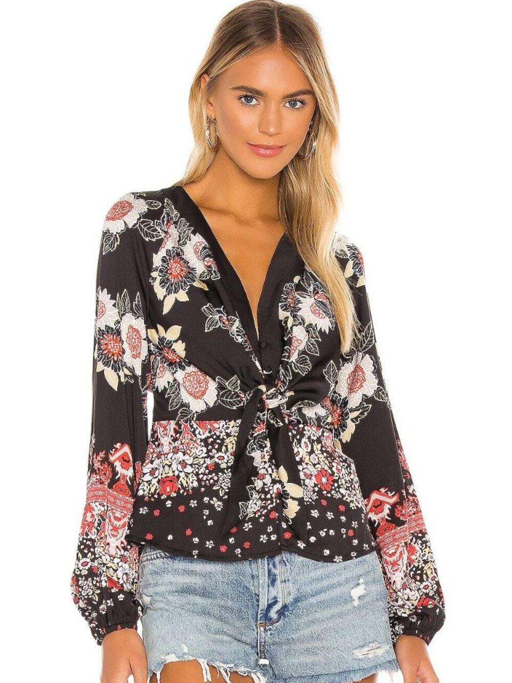 Free People Run Free Blouse Top Long Sleeves Floral Black Boho Bohemian Chic L